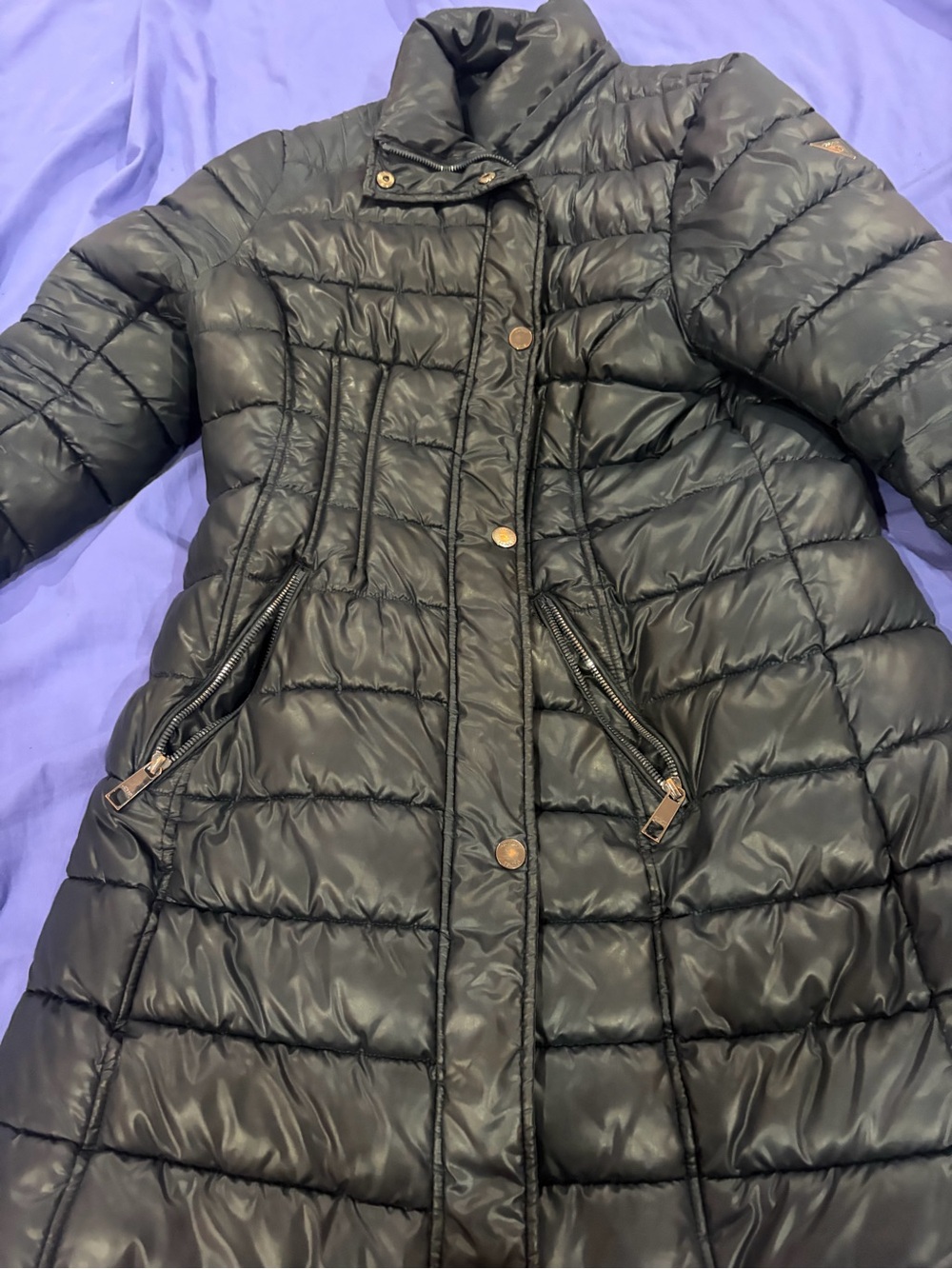 Guess Black Quilted Long Puffer Coat